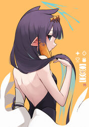  a:n_(angrynum) artist_logo back back_focus backless_dress backless_outfit black_dress black_nails blue_eyes blunt_bangs blush breasts closed_mouth commentary detached_sleeves dress ear_blush english_commentary female flower_knot from_behind gradient_hair hand_in_own_hair headpiece highres hololive hololive_english lips long_hair looking_at_viewer looking_back low_wings median_furrow mole mole_under_eye multicolored_hair nail_polish ninomae_ina&#039;nis ninomae_ina&#039;nis_(1st_costume) orange_background orange_hair pointy_ears purple_hair sidelocks simple_background single_sleeve small_breasts solo straight_hair strapless strapless_dress tentacle_hair tube_dress two-tone_hair upper_body very_long_hair virtual_youtuber wings 