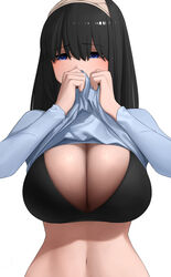  black_bra black_hair blue_eyes blue_shirt bra breasts brown_hairband cleavage clothes_lift commentary_request embarrassed female grey_background hairband hand_up highres idolmaster idolmaster_cinderella_girls large_breasts lifting_own_clothes long_hair long_sleeves looking_at_viewer navel sagisawa_fumika senju_(snz0) shirt shirt_lift simple_background solo stomach straight_hair underwear 