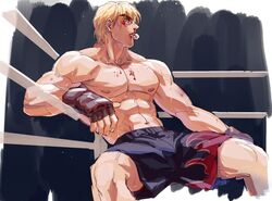  1boy abs bara black_shorts blonde_hair blood blood_on_face bruise dougi feet_out_of_frame highres injury ken_masters looking_to_the_side male_focus muscular muscular_male navel nipples pectorals short_hair shorts simple_background sitting solo spread_legs stomach street_fighter sweat thick_eyebrows thick_thighs thighs topless_male wrestling_outfit wrestling_ring yuiofire 