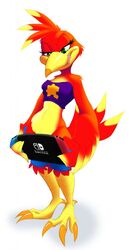  anthro avian banjo-kazooie bird bottomwear breasts breegull clothed clothing electronics eyeofcalamity feathers female game_console green_eyes half-closed_eyes kazooie multicolored_body multicolored_feathers narrowed_eyes nintendo nintendo_switch non-mammal_breasts rareware red_body red_feathers shorts simple_background solo third-party_edit tongue tongue_out topwear two_tone_body two_tone_feathers white_background yellow_body yellow_feathers 