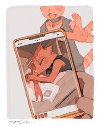  alternative_fashion animal_crossing anthro artist blush cellphone chameleon disembodied_finger disembodied_hand duo electronics flick_(animal_crossing) goth lizard male mucknagabe nintendo phone photographing_another red_body red_scales reptile scales scalie sleeping smartphone solo_focus 