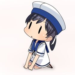  black_hair blue_sailor_collar chibi commentary_request dress female full_body hat hiburi_(kancolle) highres kantai_collection kneeling low_ponytail nemuou sailor_collar sailor_dress sailor_hat shoes short_hair short_sleeves simple_background socks solid_oval_eyes solo uwabaki white_background white_dress white_socks 