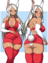  absurdres animal_ears ass back bare_shoulders blush boku_no_hero_academia breasts carrot_pin cleavage collarbone dark-skinned_female dark_skin detached_sleeves dress english_commentary female from_behind halter_dress halterneck highres large_breasts long_eyelashes long_hair looking_at_viewer median_furrow mirko multiple_views panties parted_bangs parted_lips rabbit_ears rabbit_girl rabbit_tail red_dress red_eyes red_thighhighs shoulder_blades skindentation smile tail tail_through_clothes theoiledone thick_thighs thighhighs thighs toned twitter_username underwear white_hair white_panties white_sleeves 