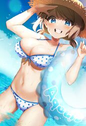  bikini blue_bikini blue_eyes blush bow breasts brown_hair cleavage female grin highres innertube large_breasts looking_at_viewer love_live! love_live!_sunshine!! ocean polka_dot polka_dot_bikini ponnu_(nikeytina) salute short_hair smile solo swim_ring swimsuit watanabe_you water 