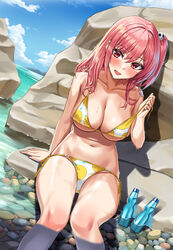  absurdres azur_lane bare_shoulders beach bikini blush bottle breasts cleavage collarbone dead_or_alive female hair_ornament highres honoka_(doa) honoka_(summer_angel_on_the_shore)_(doa) large_breasts long_hair looking_at_viewer navel one_side_up open_mouth outdoors pink_hair ramune rock shocho skull_hair_ornament solo swimsuit thighs wet 