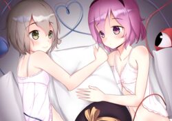  2girls absurdres bare_shoulders bed black_hairband breasts closed_mouth eyes_visible_through_hair green_eyes grey_hair hair_between_eyes hairband highres komeiji_koishi komeiji_satori looking_at_viewer lying mantou_xiang multiple_girls no_headwear on_side pajamas pillow pink_eyes pink_hair short_hair siblings sisters sleeveless small_breasts smile third_eye touhou white_pajamas 