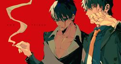  2boys absurdres black_hair bleeding blood blood_on_face copyright_name creator_connection crossover cuts formal hand_up highres injury kekkai_sensen long_sleeves looking_at_viewer male_focus manly multiple_boys necktie nicholas_d._wolfwood parted_lips red_background smoke steven_a._starphase suit sunglasses trigun tuzaixia wiping_face 