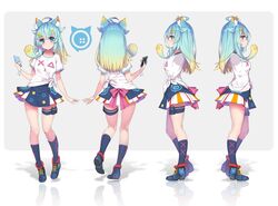  ahoge animal_ear_fluff animal_ears blonde_hair blue_eyes blue_footwear blue_hair blue_legwear blue_skirt cellphone closed_mouth commentary concept_art contrapposto english_commentary female gradient_hair holding holding_phone hong_(white_spider) indie_virtual_youtuber lanmewko looking_at_viewer miniskirt multicolored_hair multiple_views phone prehensile_hair shirt shoes short_sleeves skirt smartphone smile socks white_shirt 