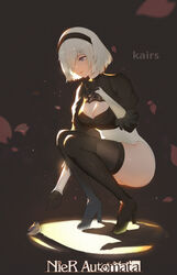  2b_(nier:automata) absurdres animal artist_name bird black_footwear black_gloves black_hairband black_thighhighs blue_eyes boots breasts cleavage cleavage_cutout clothing_cutout commentary copyright_name feather_trim female full_body gloves hair_over_one_eye hairband high_heel_boots high_heels highleg highleg_leotard highres kairs large_breasts leotard lips long_sleeves mole mole_under_mouth nier:automata nier_(series) parted_lips petals puffy_sleeves shadow shiny_clothes shiny_skin short_hair simple_background squatting thigh_boots thighhighs thighs white_hair 