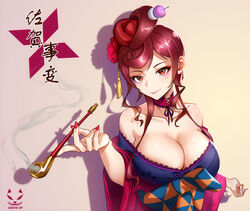  artist_logo bare_shoulders breasts brown_hair cleavage closed_mouth collarbone commentary_request dango_hair_ornament detached_collar eyelashes eyeliner female flower food-themed_hair_ornament hair_bun hair_flower hair_ornament hand_up heart heart_hair highres japanese_clothes kimono large_breasts lips looking_at_viewer makeup nail_polish obi off_shoulder oiran red_eyes red_flower red_nails red_rose rose sash shadow shadow_cat_(yingmiao) sidelocks smile smoke smoking_pipe solo tassel tassel_hair_ornament translation_request upper_body wavy_hair yellow_background yuugiri_(zombie_land_saga) zombie_land_saga 