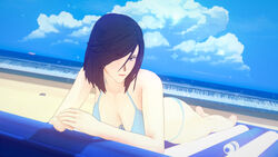  3d ass beach bikini blue_bikini blue_hair blue_sky blush breasts city_hunter closed_mouth cloud cloudy_sky colored_skin female hair_over_one_eye lying nogami_saeko ocean sand short_hair sky summer swimsuit treizemm3 white_skin 