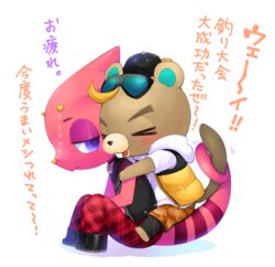  animal_crossing anthro beaver blush c.j._(animal_crossing) chameleon duo entwined_tails flick_(animal_crossing) freckles hug hugging_another hugging_from_behind japanese_text lizard male male/male mammal nintendo nobinolife red_body red_scales reptile rodent scales scalie tail tail_coil text translation_request 