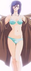  anime_screenshot belly blue_bra blue_eyes blue_panties bra brown_coat city_hunter coat earrings female hair_between_eyes highres jewelry navel nogami_saeko panties pose purple_hair solo source_request standing stitched third-party_edit underwear white_background 