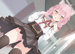  :d absurdres ace_taffy animal_ear_fluff animal_ears black_skirt black_thighhighs blush braid brown_eyes collared_shirt commentary_request dutch_angle female frilled_skirt frills goggles hair_between_eyes highres holding holding_goggles indie_virtual_youtuber indoors jyt long_hair long_sleeves looking_at_viewer oerba_yun_fang panties pink_hair shirt skirt smile solo standing striped_clothes striped_skirt thighhighs twin_braids underwear unworn_goggles vertical-striped_clothes vertical-striped_skirt virtual_youtuber white_panties white_shirt 