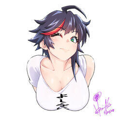  ahoge black_hair blush breasts cleavage collarbone commentary cropped_torso dated eyelashes female green_eyes highres hori_shin indie_virtual_youtuber leaning_forward lips looking_at_viewer medium_breasts minori_yumeko multicolored_hair one_eye_closed open_mouth red_hair shirt short_hair short_sleeves signature simple_background sleeves_rolled_up smile solo streaked_hair t-shirt virtual_youtuber white_background white_shirt 