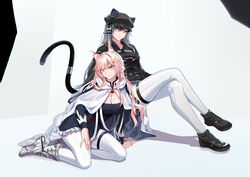  2girls absurdres animal_ears arknights black_footwear black_headwear black_jacket boots breasts cabbie_hat cat_ears cat_tail cleavage commentary_request crossed_legs ears_through_headwear grey_hair hat highres jacket large_breasts leggings long_hair long_sleeves multiple_girls official_alternate_costume pants pink_eyes pink_hair pozyomka_(arknights) pozyomka_(snowy_plains_in_words)_(arknights) schwarz_(arknights) schwarz_(skyline)_(arknights) shijie_jianfa shoes sitting tail thigh_strap thighs very_long_hair white_footwear white_pants yellow_eyes 