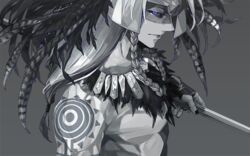  1boy arm_tattoo aztec bare_shoulders black_nails blue_eyes braid fate/grand_order fate_(series) feathers fingerless_gloves from_side gloves grey_background holding holding_weapon long_hair looking_at_viewer male_focus sei_8220 solo tattoo tezcatlipoca_(fate) tezcatlipoca_(third_ascension)_(fate) traditional_clothes upper_body weapon 