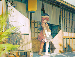  architecture bobby_socks day east_asian_architecture female finger_to_own_chin furahata_gen holding holding_tray lantern long_sleeves looking_at_viewer noren okunoda_miyoi outdoors paper_lantern pink_hair pink_skirt plant shadow shirt short_hair sign skirt smile socks solo storefront touhou tray whale whale_hat white_footwear white_shirt white_socks yellow_eyes 