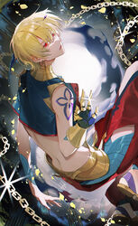  1boy absurdres asymmetrical_gloves blonde_hair butt_crack chains earrings fate/grand_order fate_(series) gauntlets gilgamesh_(caster)_(fate) gilgamesh_(fate) hair_between_eyes hair_ornament highres jewelry k7_(kk7_000) looking_at_viewer male_focus open_mouth red_eyes short_hair sleeveless solo 