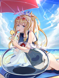  ball bare_shoulders beach beach_towel beach_umbrella beachball blonde_hair blue_eyes blue_one-piece_swimsuit blue_sky cagliostro_(granblue_fantasy) cagliostro_(summer)_(granblue_fantasy) cloud cloudy_sky commentary_request cup day drinking_glass drinking_straw eyewear_on_head female fingernails flower food fruit full_body granblue_fantasy hair_ornament heart heart-shaped_eyewear highres holding lemon lemon_slice long_hair looking_at_viewer ocean official_alternate_costume one-piece_swimsuit outdoors see-through shijiuqaq sidelocks simple_background sky sleeveless solo sunglasses sunlight swimsuit thighs tied_hair towel umbrella water 