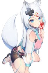  absurdres animal_ears ankle_strap apex_legends bare_legs black_shorts blue_eyes blue_necktie breasts card center_opening closed_mouth clothing_cutout commentary_request copyright_name eyelashes feet female forehead fox_ears fox_girl fox_tail grey_hair hair_ornament hand_up highres holding holding_card large_breasts legs_folded long_hair long_sleeves looking_at_viewer meridian_project mizuki_(vtuber) necktie oukafafafa pants parted_bangs puffy_long_sleeves puffy_sleeves see-through see-through_sleeves shorts smile solo spread_legs squatting tail tail_raised tight_clothes tight_pants v-shaped_eyebrows virtual_youtuber white_hair 