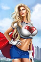  1girls artist_name belly_button big_breasts blonde_female blonde_hair blue_eyes blue_skirt breasts building buildings busty cape city cityscape dc dc_comics female female_only flying fully_clothed gloves killbiro kryptonian large_breasts linda_danvers lipstick long_hair midriff navel pinup red_cape shirt signature skirt skyscraper solo stomach supergirl superheroine superman_(series) text white_gloves white_shirt 