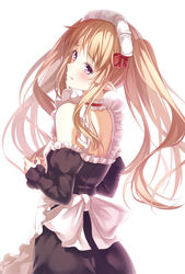  apron bad_id bad_pixiv_id blonde_hair blush elf female looking_at_viewer maid maid_headdress myucel_foalan outbreak_company pointy_ears purple_eyes solo twintails yasuno_(airy_light) 