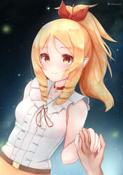  bad_id bad_pixiv_id blonde_hair blush collar drill_hair eromanga_sensei female hair_ribbon long_hair looking_at_viewer out_of_frame ponytail pov pov_hands red_eyes red_ribbon ribbon rokuuso sleeveless smile solo_focus twitter_username yamada_elf 