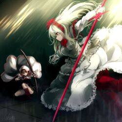  2girls arrow_(projectile) bow_(weapon) brown_hair cloak commentary_request dress fennel_(momodora) holding holding_sword holding_weapon hood hooded_cloak kaho_(momodora) kneehighs kneeling long_hair momodora:_reverie_under_the_moonlight multiple_girls red_eyes red_legwear socks sword usuki_(graygreed) weapon white_dress white_hair 