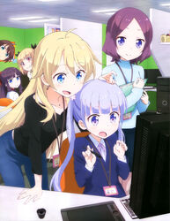  6+girls absurdres arm_support black_hair black_ribbon black_shirt blonde_hair blue_eyes blue_hair blush brown_hair collarbone eyebrows green_eyes hair_ornament hair_ribbon hand_on_another&#039;s_head highres holding holding_pen id_card iijima_yun lanyard long_hair multiple_girls new_game! newtype official_art open_mouth pen ponytail purple_eyes purple_hair red_eyes ribbon shinoda_hajime shirt short_hair sitting smile suzukaze_aoba takimoto_hifumi tooyama_rin twintails watanabe_yuuki yagami_kou 