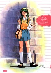  1990s_(style) bag braid female full_body green_eyes green_hair hair_over_shoulder hairband kneehighs long_hair long_sleeves looking_at_viewer retro_artstyle shoko_(super_real_mahjong) shoulder_bag skirt smile socks solo standing super_real_mahjong tanaka_ryou translation_request twin_braids white_socks 