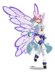  absurdres adapted_costume blue_dress breasts butterfly_wings cleavage commentary_request dress female gundam highres hitodama insect_wings japanese_clothes kimono large_breasts long_sleeves looking_at_viewer mecha_musume midriff moonlight_butterfly_(gundam) nanaya777 navel open_mouth pink_eyes pink_hair saigyouji_yuyuko sash short_hair solo thighhighs touhou triangular_headpiece turn_a_gundam turn_a_gundam_(mobile_suit) wide_sleeves wings 