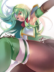  armor armpits boots breastplate brown_legwear commentary_request cross-laced_footwear elbow_gloves female fire_emblem fire_emblem:_mystery_of_the_emblem fire_emblem_heroes gloves green_eyes green_footwear green_hair green_legwear headband highres long_hair looking_at_viewer mg_kurino outstretched_arm palla_(fire_emblem) pantyhose shoulder_pads solo thighhighs 