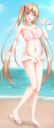  :d beach bikini blonde_hair blue_sky blush breasts cleavage collarbone commentary_request day female flower groin hair_flower hair_ornament highres horizon kantai_collection large_breasts long_hair looking_at_viewer lowleg lowleg_bikini murasame_(kancolle) narukami_ginryuu navel ocean open_mouth outdoors pink_bikini sand sandals shore sky smile stomach summer swimsuit teruterubouzu the_harusame-like_bouzu toes twintails very_long_hair walking water 