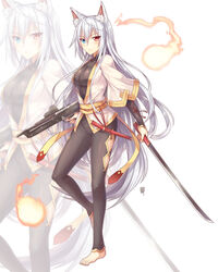  absurdres animal_ears assault_rifle barefoot blush bodysuit dagger feet female fox_ears fox_tail gun heterochromia highres imageboard_desourced japanese_clothes katana kimono knife long_hair luzi non-web_source obi open_clothes open_kimono original pants photoshop_(medium) rifle sash shirasaya short_kimono short_sword sword tail tantou tight_clothes tight_pants toenails very_long_hair weapon white_hair zoom_layer 