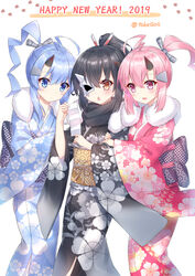  3girls :&lt; :d akatsuki_(azur_lane) arm_hug azur_lane black_hair black_kimono blue_eyes blue_hair blue_kimono blush brown_eyes commentary_request floral_print fur_collar hair_between_eyes hair_ornament hairclip half_mask happy_new_year headgear high_ponytail highres holding horns ikazuchi_(azur_lane) inazuma_(azur_lane) japanese_clothes kimono long_sleeves mask mask_over_one_eye multiple_girls new_year obi open_mouth parted_lips pink_eyes pink_hair pink_kimono ponytail print_kimono sash simple_background smile t@ke-g triangle_mouth twitter_username v-shaped_eyebrows white_background wide_sleeves 