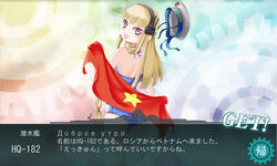  bare_shoulders blonde_hair commentary_request fake_screenshot female flag from_behind hair_ornament hat kantai_collection kazchan long_hair looking_at_viewer looking_back open_mouth original pork_pie_sailor_hat red_eyes sailor_hat solo submarine swimsuit translated vietnam watercraft 