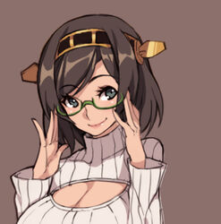  adjusting_eyewear blue_eyes breasts brown_background brown_hair cleavage_cutout closed_mouth clothing_cutout commentary_request female glasses green-framed_eyewear hairband headgear kantai_collection kirishima_(kancolle) kugi_ta_hori_taira large_breasts lips long_sleeves looking_away meme_attire open-chest_sweater photoshop_(medium) ribbed_sweater semi-rimless_eyewear short_hair simple_background smile solo sweater swept_bangs turtleneck turtleneck_sweater under-rim_eyewear upper_body 