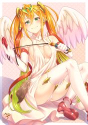  angel_wings candle commentary_request elbow_gloves female gloves green_eyes headdress highres leilan_(p&amp;d) long_hair orange_hair puzzle_&amp;_dragons solo thighhighs whip wings yuzutosen 