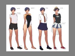  absurdres arms_behind_back bad_id bad_pixiv_id barefoot bike_shorts black_hair clothes_around_waist competition_school_swimsuit denim denim_shorts female full_body hat highres jewelry looking_at_viewer midriff multiple_views navel necklace necktie one-piece_swimsuit oohara_kyuutarou original pleated_skirt reference_sheet school_swimsuit school_uniform shirt shirt_around_waist shoes shorts skirt smile sneakers straw_hat swimsuit tan tanlines tomboy track_suit variations 