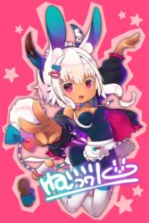  animal_ears apron bandages black_jacket bow breasts cleavage commentary_request dark_skin detached_collar female full_body horns jacket jumping n:go nemui_fuwari nemui_fuwari_no_fuwari_juku open_clothes open_jacket pixiv&#039;s_virtual_youtuber_audition purple_eyes short_hair_with_long_locks tail tail_bow tail_ornament thighhighs tied_hair v virtual_youtuber waist_apron white_hair white_legwear zettai_ryouiki 