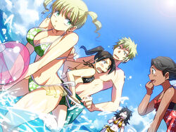  1boy 4girls :d :o adamas_(manga) angry back ball beachball bikini bikini_skirt black_bikini black_hair blonde_hair blush bow breast_press breasts carmen_pizarro cleavage clenched_hand clenched_hands cloud commentary_request constricted_pupils dark_skin day dutch_angle em_crazy esmeralda_lange eye_contact floral_print general_zhin green_bikini green_eyes hand_to_own_mouth high_ponytail jealous large_breasts leaning_forward lens_flare long_hair looking_at_another male_swimwear medium_breasts multiple_girls navel o-ring o-ring_bikini o-ring_top ocean open_mouth outdoors parted_lips polka_dot polka_dot_bikini ponytail print_bikini profile ryuuzaki_reika_(adamas) sarong see-through short_hair short_twintails shorts showgirl_skirt side-tie_bikini_bottom sky smile spiked_hair splashing sun swim_trunks swimsuit tani_hiromi_ratranaji topless_male transparent twintails v-shaped_eyebrows v_arms wading water wavy_mouth wet yellow_bikini yellow_eyes 