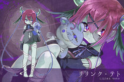  bandages black_dress blue_ribbon blue_skin colored_skin commentary_request dress female hair_ornament highres holding holding_stuffed_toy imomushi_(pixiv_9001433) multiple_views navel photoshop_(medium) pixiv&#039;s_virtual_youtuber_audition purple_eyes purple_hair ribbon short_hair stuffed_animal stuffed_toy teddy_bear virtual_youtuber zombie 