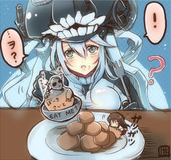  ! 2girls ? abyssal_ship akagi_(kancolle) alien bad_id bad_pixiv_id bauxite bodysuit brown_hair commentary_request crossover downtown_no_gaki_no_tsukai_ya_arahende!! eating english_text food food_on_face fork gloves grey_hair housei_my_friend japanese_clothes kantai_collection long_hair looking_at_viewer mini_person minigirl multiple_girls serino_itsuki spoken_exclamation_mark translated wo-class_aircraft_carrier 