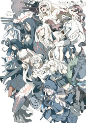  6+girls abyssal_ship aircraft_carrier_princess anchor_symbol ancient_destroyer_oni artillery_imp bad_id bad_pixiv_id battleship_princess black_hair blunt_bangs bow braid breasts central_princess chains choker cleavage clenched_teeth collarbone commentary_request destroyer_princess destroyer_water_oni dress drill_hair elbow_gloves glasses gloves glowing glowing_eyes hair_between_eyes hair_ribbon hair_scarf hairbow hat headphones heavy_cruiser_princess horns japanese_clothes kantai_collection large_breasts limited_palette long_hair lycoris_princess machinery medium_breasts midriff multiple_girls neckerchief ninimo_nimo one_side_up open_mouth pleated_skirt pt_imp_group red_eyes ribbon round_teeth school_uniform seaplane_tender_princess serafuku short_hair side_ponytail single_braid skirt sleeveless smoke supply_depot_princess teeth turret weapon white_hair wo-class_aircraft_carrier 