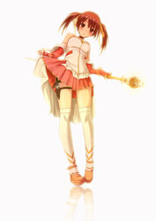  bare_shoulders blush brown_eyes brown_hair chinese_commentary clothes_lift commentary_request dagger detached_sleeves female full_body hair_ribbon high_heels highres holster knife lifting_own_clothes long_hair looking_at_viewer magical_girl original pleated_skirt reflection ribbon shoes skirt skirt_lift sleeves_past_wrists smile solo standing thigh_holster thighhighs twintails wand weapon white_thighhighs xiaoyin_li yellow_ribbon 