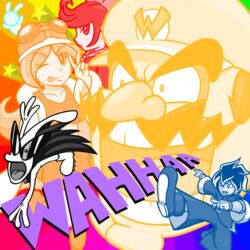  3boys :p alien ashley ashley_(warioware) black_hair cape goggles hat helmet mona mona_(warioware) multiple_boys multiple_girls nintendo open_mouth orbulon sunglasses super_mario_bros. tongue tongue_out v wario warioware wink young_cricket 