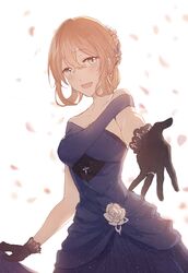  alternate_costume black_gloves blue_dress blurry blurry_background blush braid breasts brown_hair candy_(pixiv15231759) cleavage collarbone commentary crown_braid dress earrings female girls&#039;_frontline gloves green_eyes hair_between_eyes highres jewelry lace lace-trimmed_gloves lace_trim large_breasts light_particles long_hair looking_at_viewer official_alternate_costume open_mouth reaching reaching_towards_viewer ring simple_background skirt_hold smile solo springfield_(girls&#039;_frontline) springfield_(queen_in_radiance)_(girls&#039;_frontline) wedding_ring white_background 