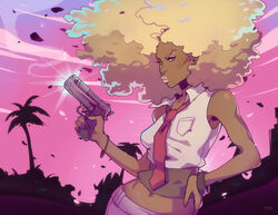  afro asia_kendrick-horton atsuko_jackson blonde_hair bracelet commentary_request dark-skinned_female dark_skin female gun jewelry lips michiko_to_hacchin midriff necktie photoshop_(medium) sleeveless solo weapon 