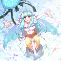  blue_hair bouquet breasts bridal_veil bride commentary_request dress female fire_emblem fire_emblem:_the_blazing_blade fire_emblem_heroes flower green_ribbons hair_ornament highres large_breasts lazulia long_hair ninian_(bridal)_(fire_emblem) ninian_(fire_emblem) open_mouth outstretched_arms petals red_eyes ribbon solo strapless strapless_dress veil wedding_dress white_dress 